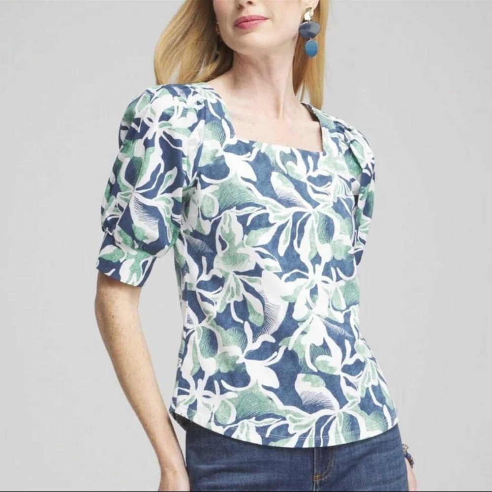 Chico's Blue and Green Leaf Print Blouse